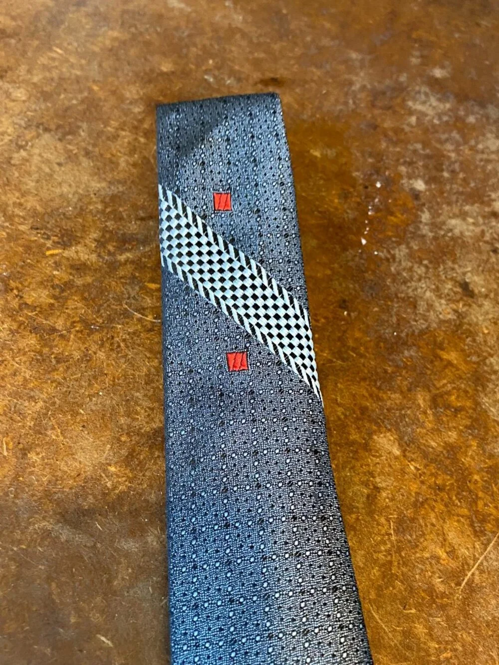 1950s Grey Black Slim Skinny Tie With Checkered Flag Vintage